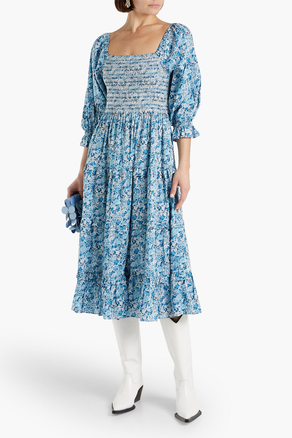 Shop Loveshackfancy Minnie Tiered Smocked Floral-print Cotton-poplin Midi Dress In Blue