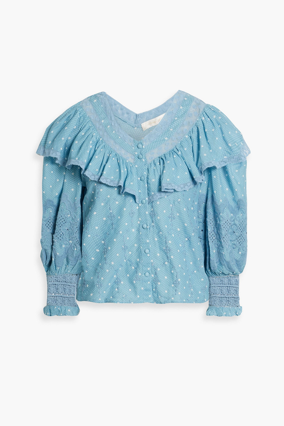 Shop Loveshackfancy Bunnie Ruffled Embroidered Polka-dot Cotton Blouse In Light Blue