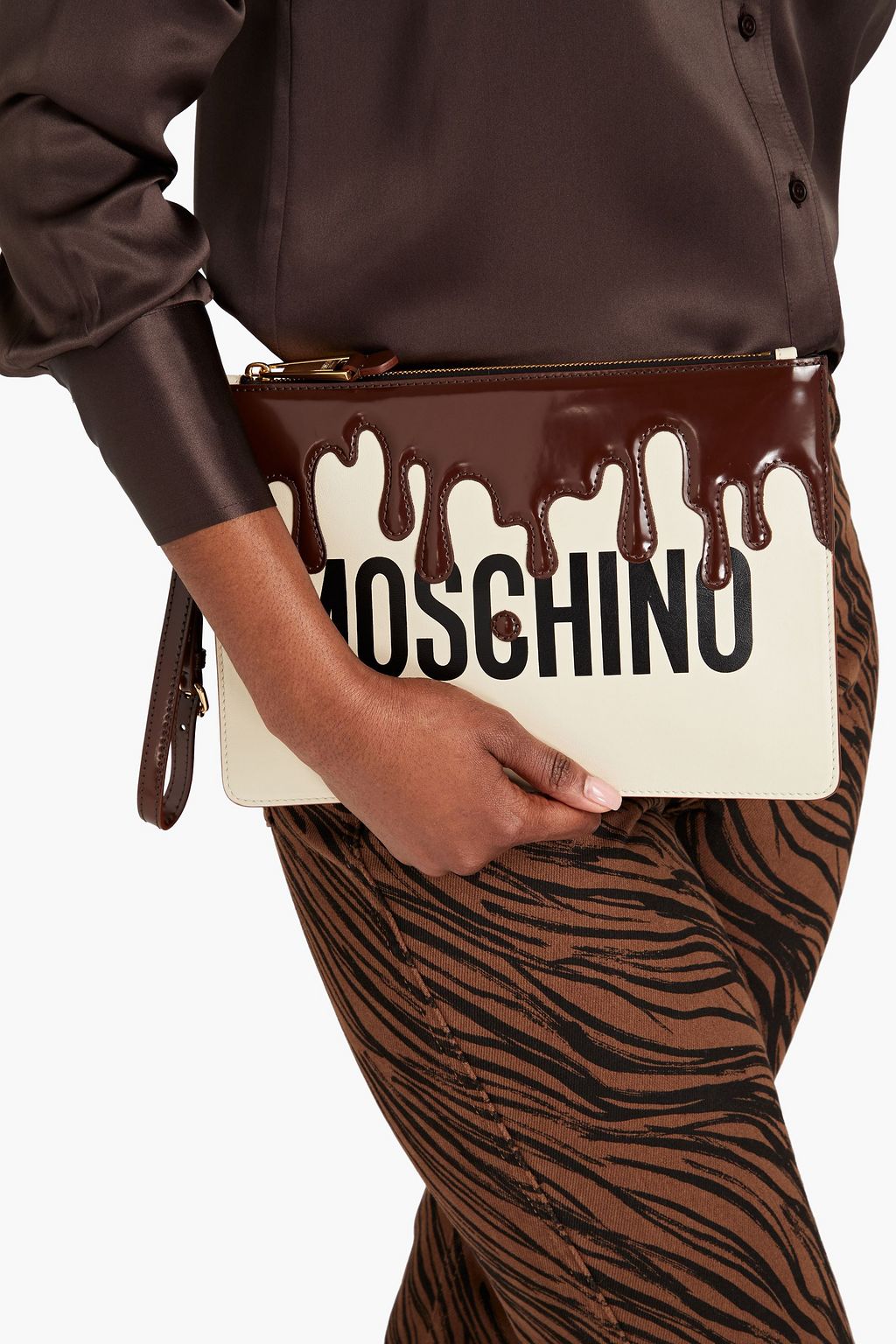 MOSCHINO Printed smooth and patent-leather pouch