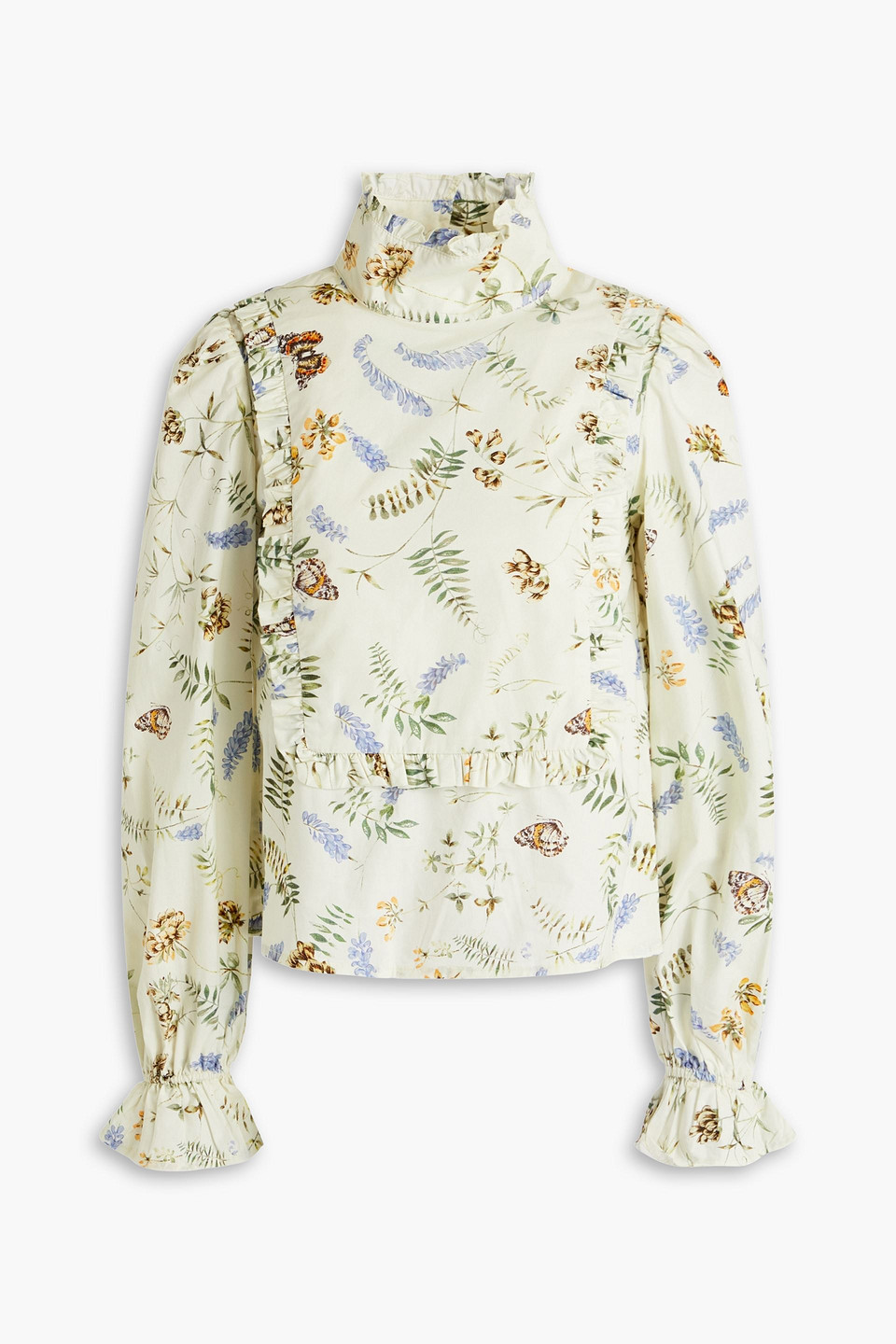 Meadows Lupin Gathered Floral-print Organic Cotton-poplin Blouse In Green