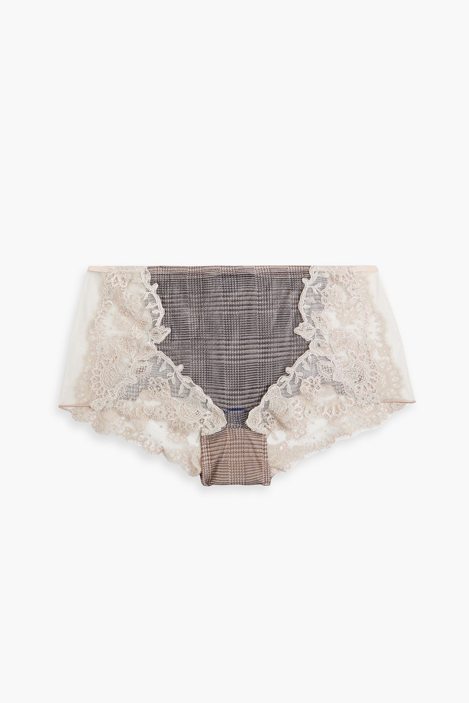 Lace-trimmed Prince of Wales checked stretch-tulle briefs