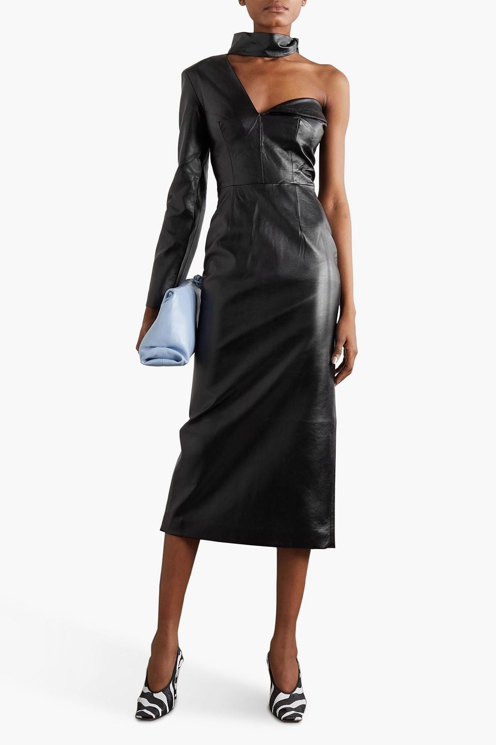 MATÉRIEL One-shoulder scarf-detail faux leather midi dress