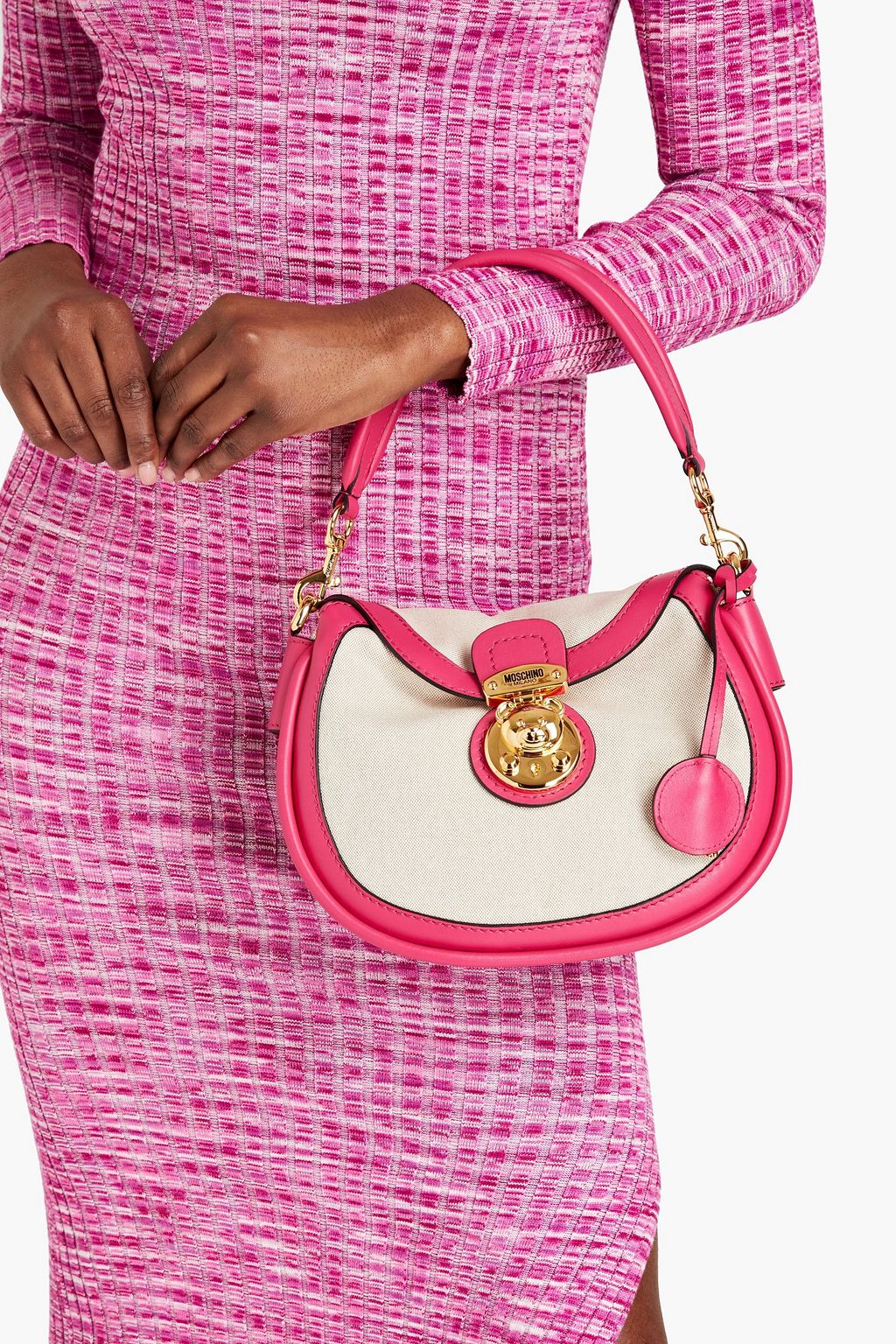 MOSCHINO Two-tone leather-trimmed canvas shoulder bag