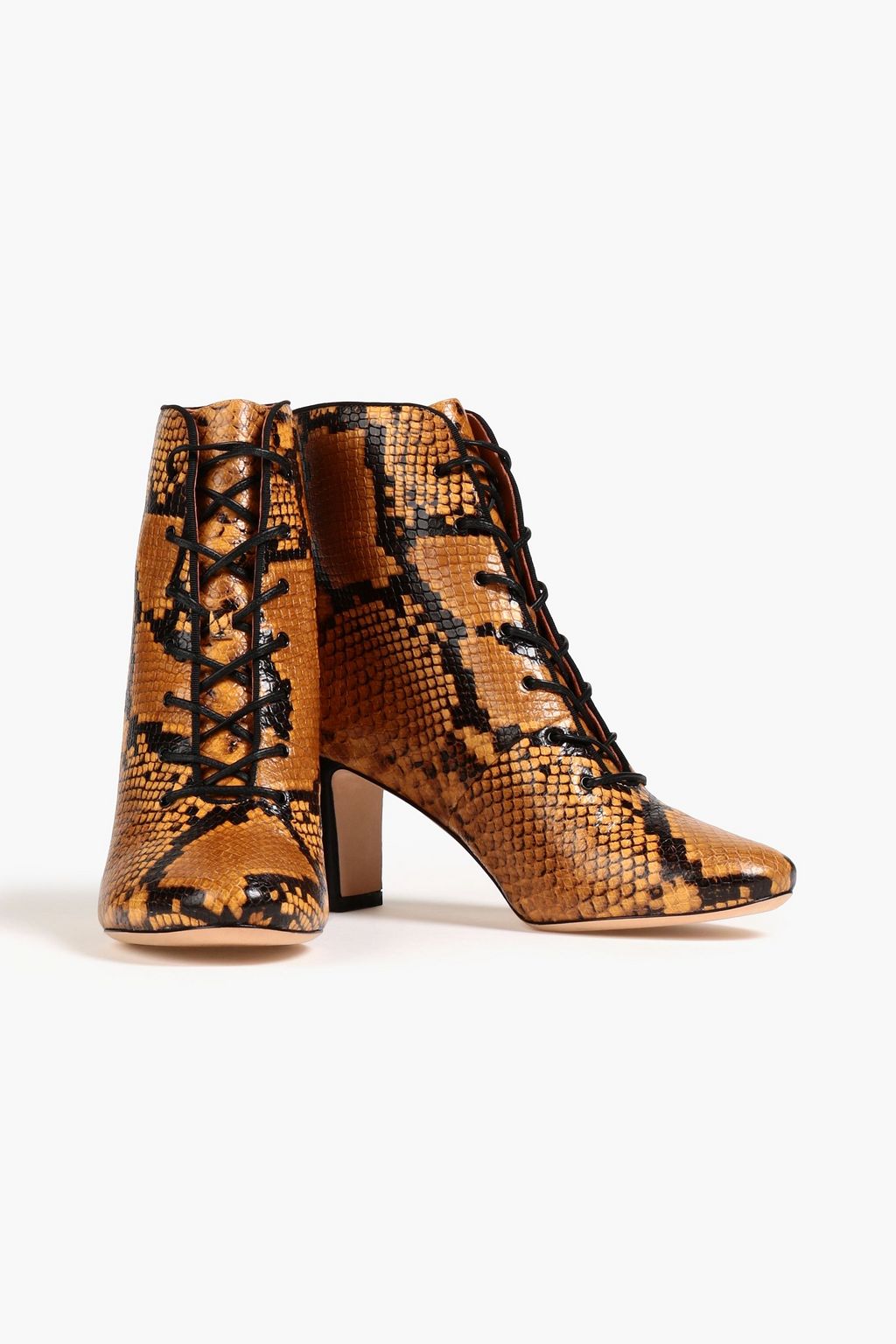 TORY BURCH حذاء بوت "فيينا 70" بطول الكاحل من الجلد بنمط الثعبان بكعب مقاس 70