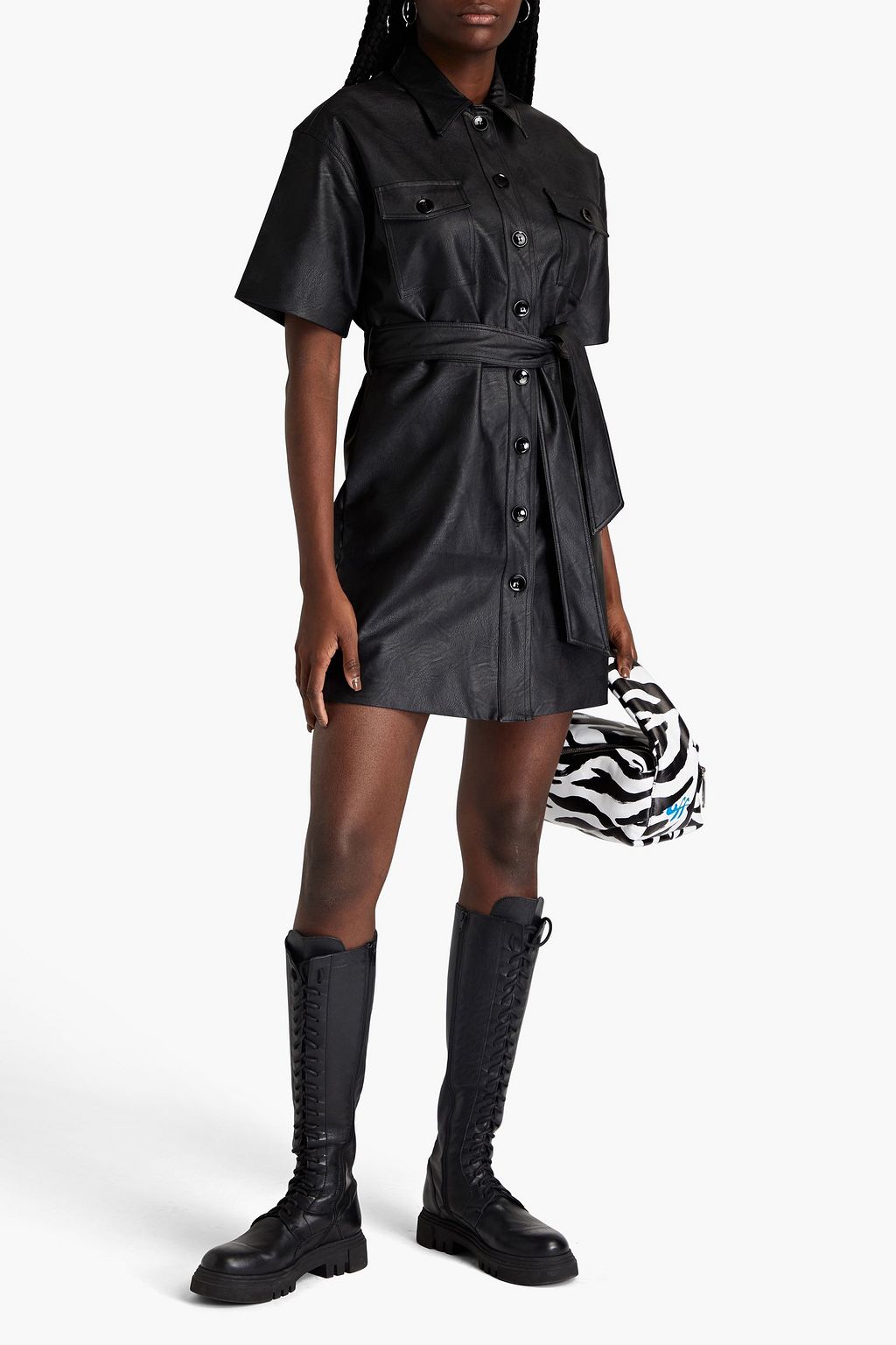 EACH X OTHER Belted faux leather mini shirt dress
