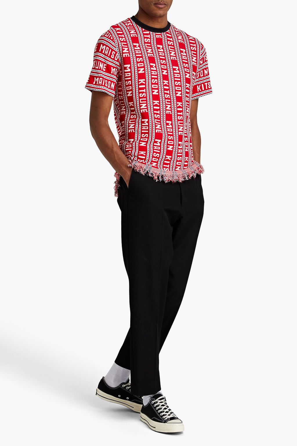 MAISON KITSUNÉ T-Shirt aus Jacquard-Strick aus einer Baumwollmischung mit Fransen