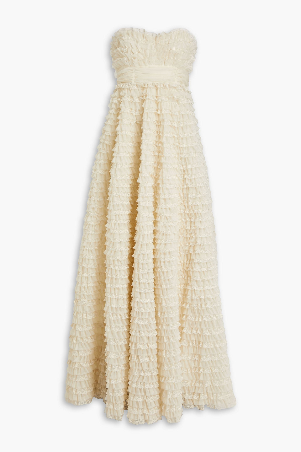 Loveshackfancy Haisley Strapless Tiered Organza And Crocheted Lace Maxi  Dress In Ecru | ModeSens