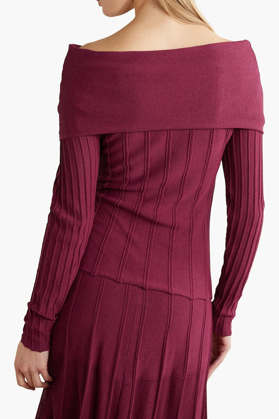 Shop Agnona Off-the-shoulder Ribbed-knit Top In Burgundy