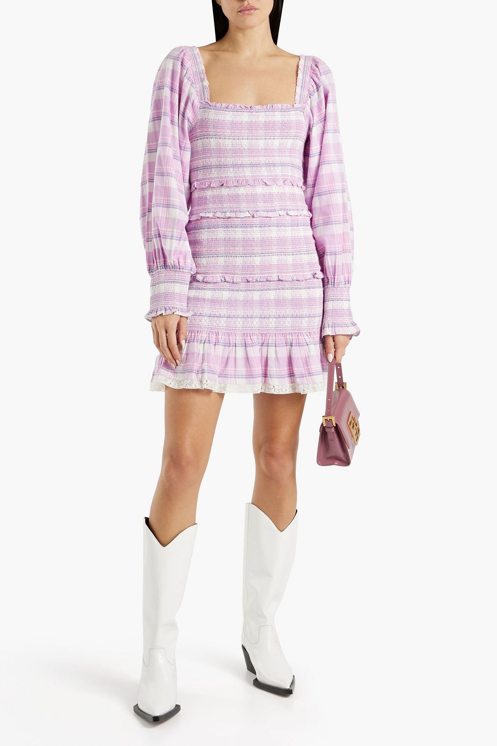 LOVESHACKFANCY Stanley smocked checked cotton-flannel mini dress