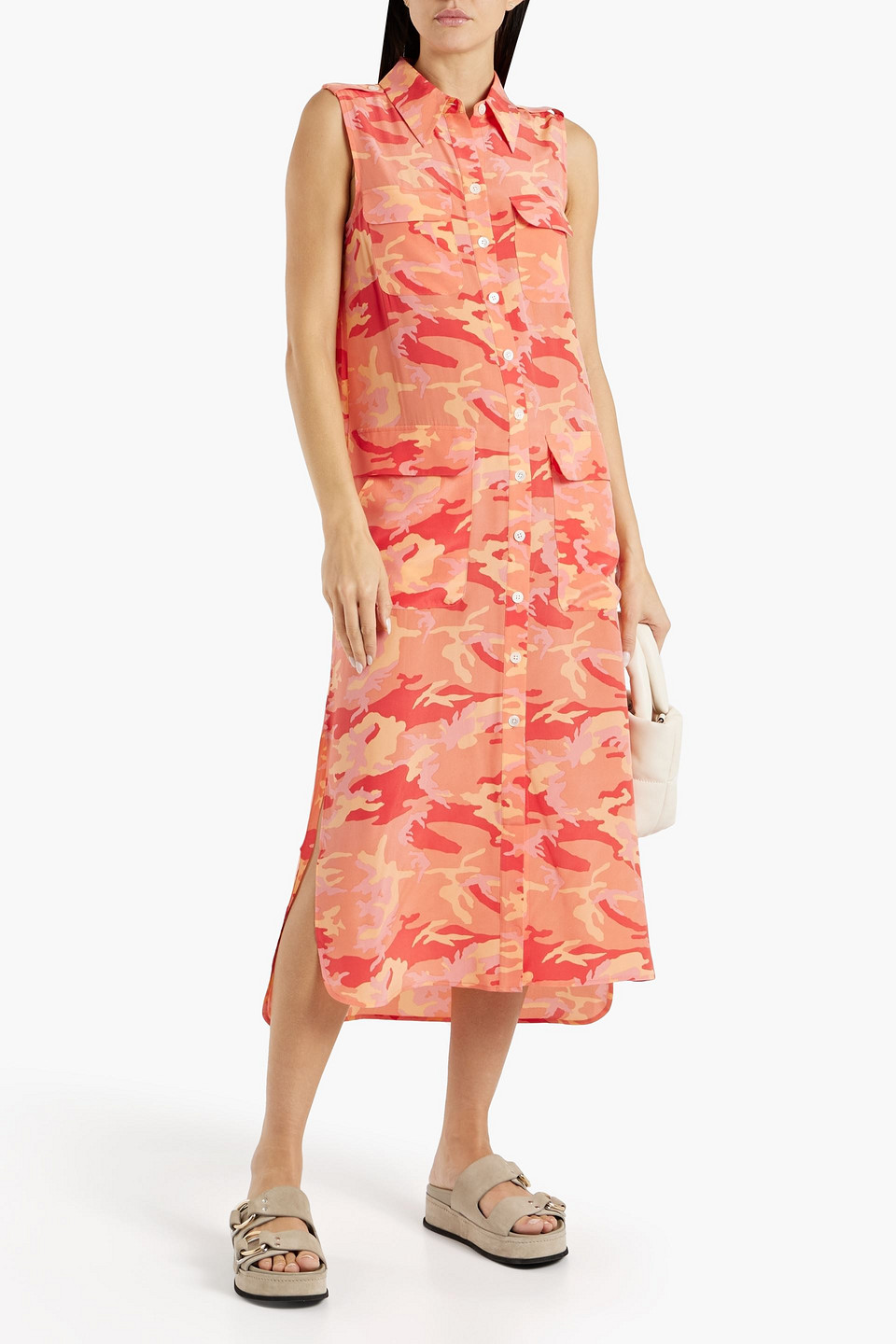 Shop Equipment Parkin Camouflage-print Washed-silk Midi Shirt Dress In Coral