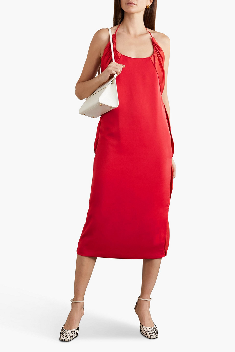 Shop Renaissance Renaissance Flash Crepe And Ruched Silk-satin Halterneck Midi Dress In Red