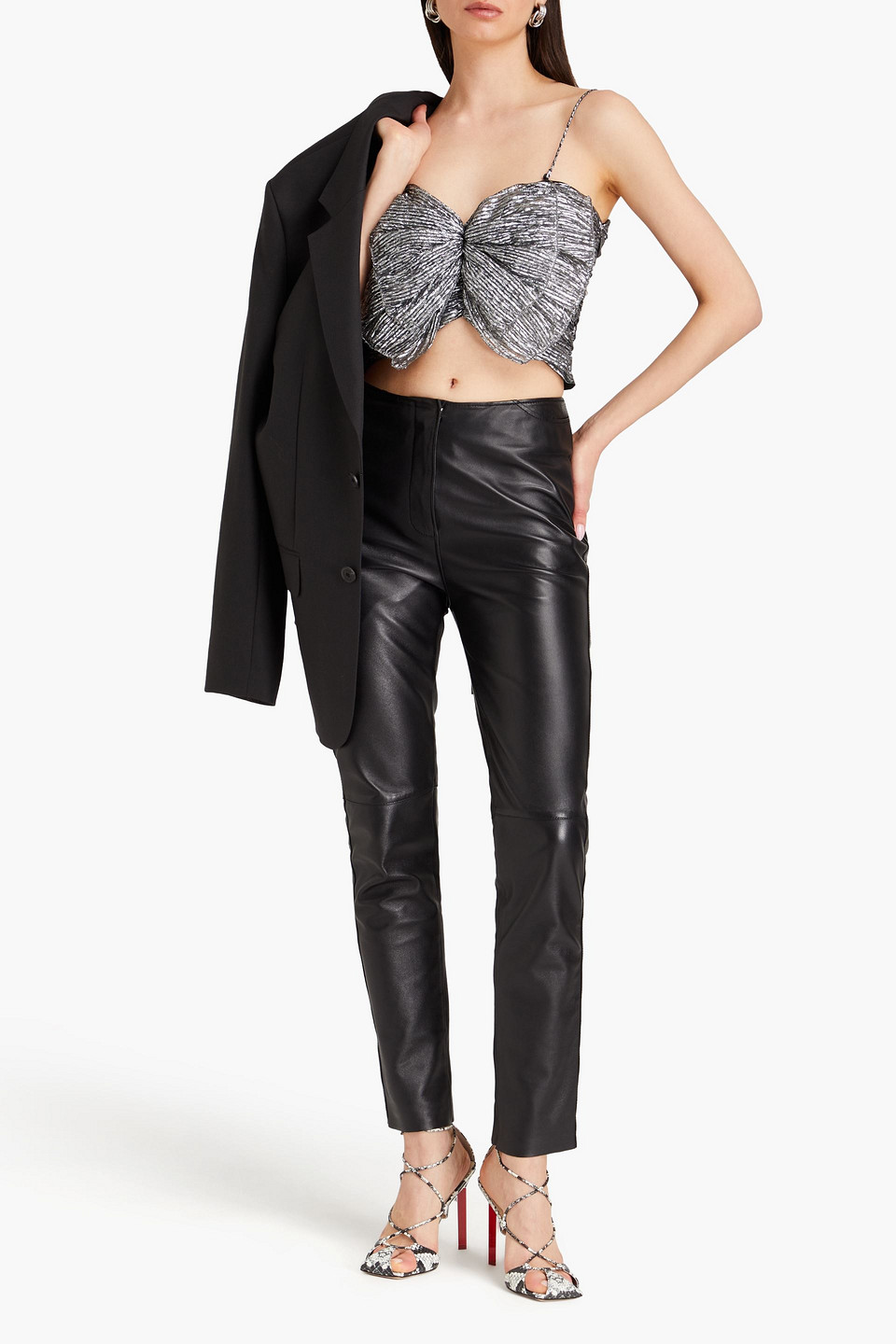 Isabel Marant Tresha Cropped Bow-embellished Plissé-lamé Top In Stahlgrau
