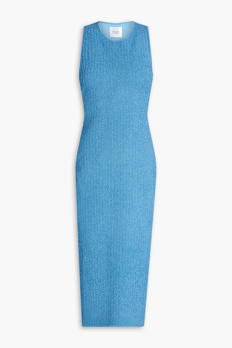 Shop Galvan Selene Metallic Textured-knit Midi Dress In Azure