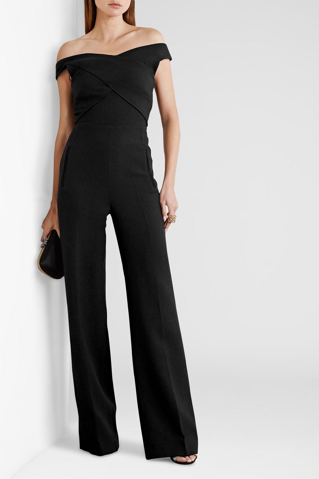 ROLAND MOURET Harran off-the-shoulder pleated wool-crepe jumpsuit