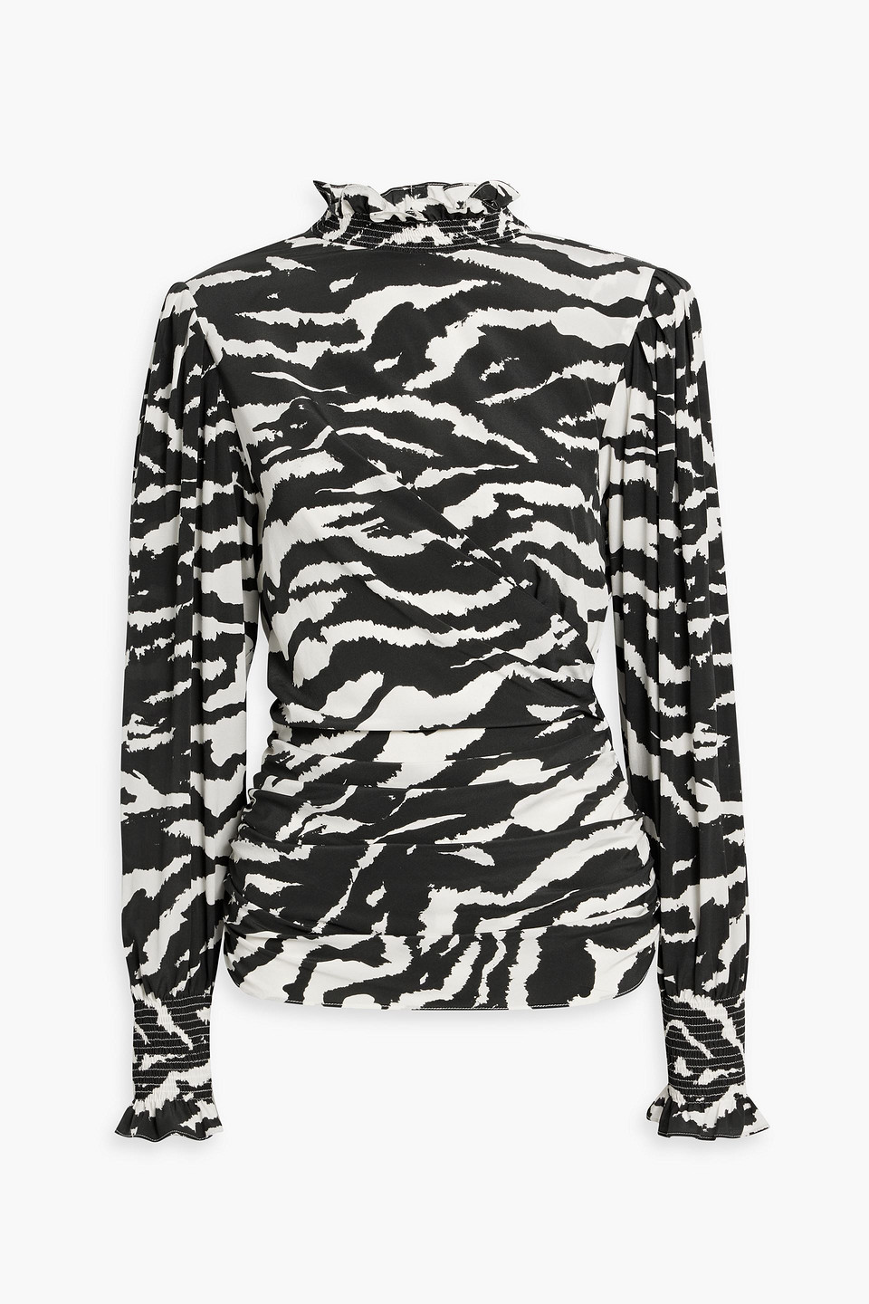 Isabel Marant Fantine Ruched Zebra-print Silk-blend Crepe De Chine Blouse In Black