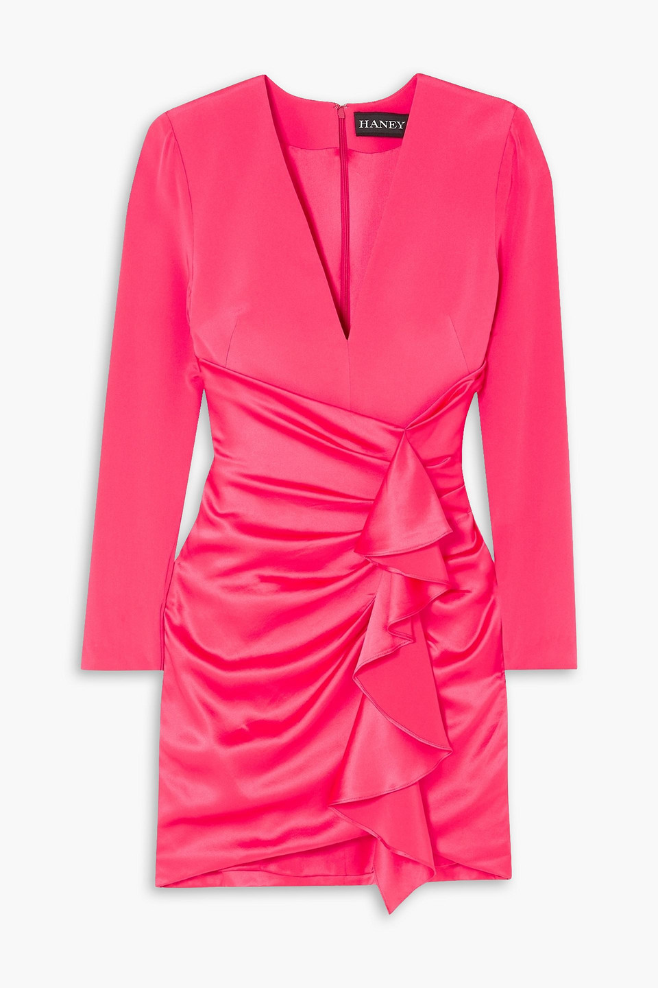 Haney Lilly Ruffled Crepe-paneled Silk-satin Mini Dress In Bright Pink