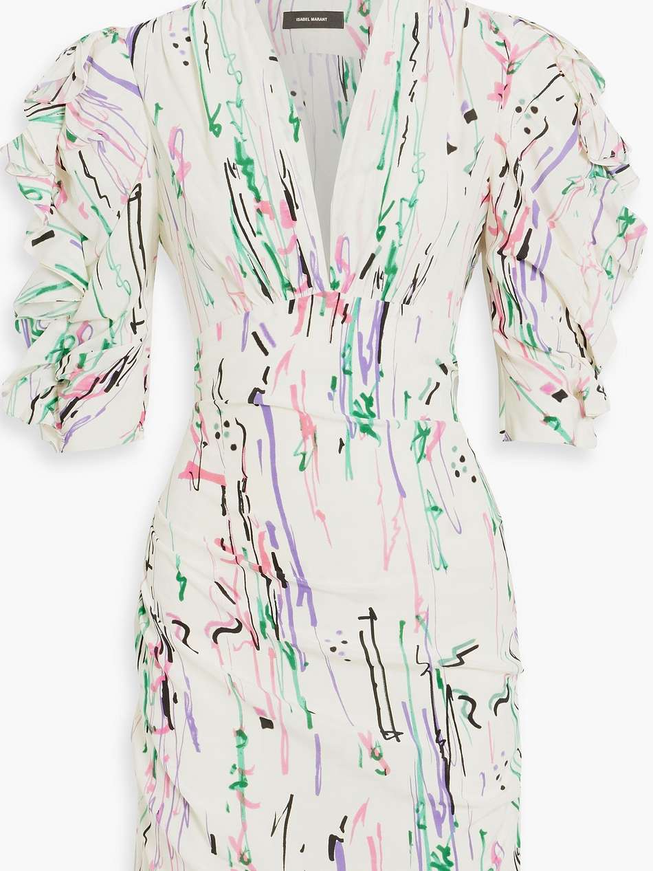 farah ruched printed silk-blend crepe de chine mini dress