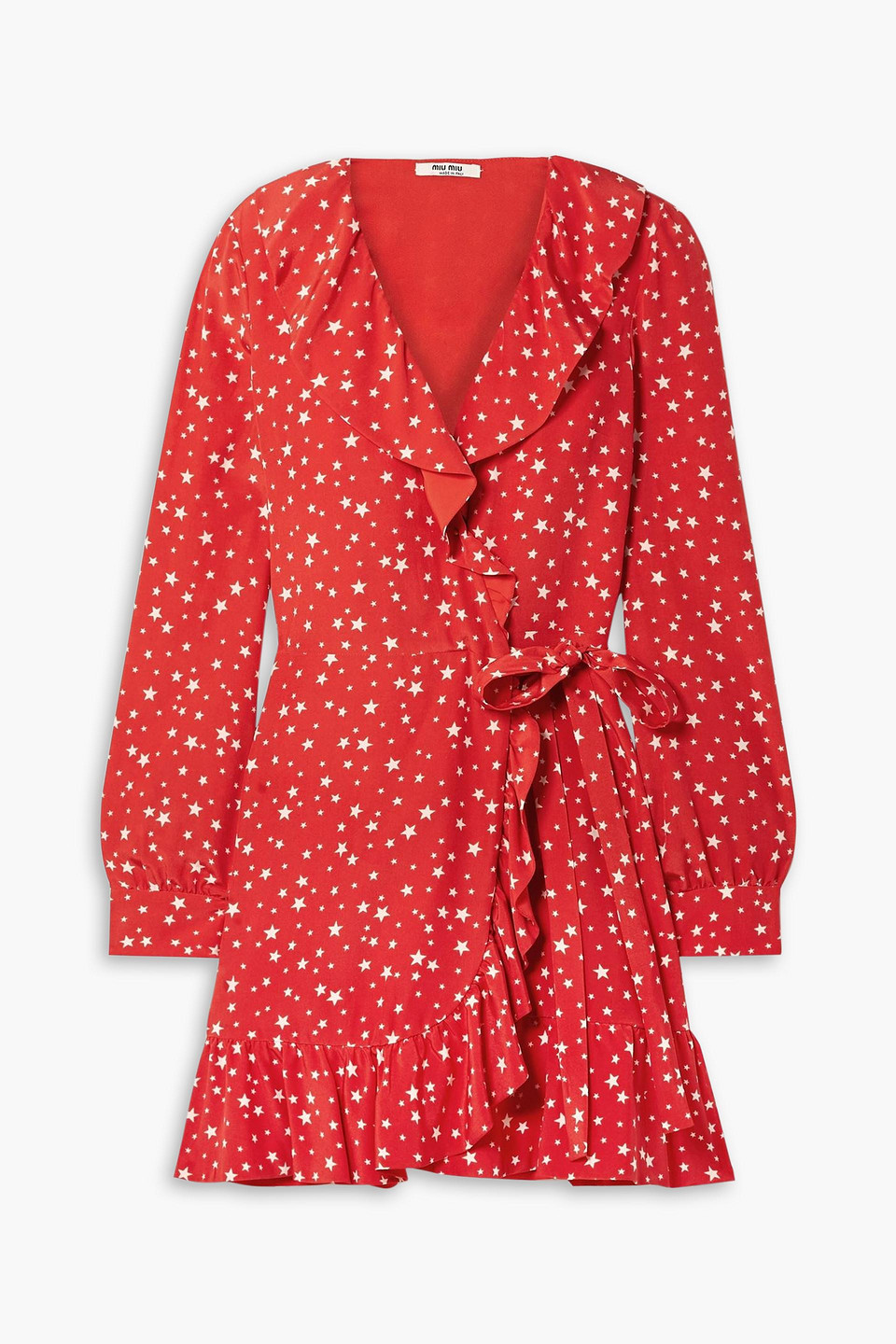 Miu Miu Ruffled Printed Silk-crepe Mini Wrap Dress In Tomatenrot