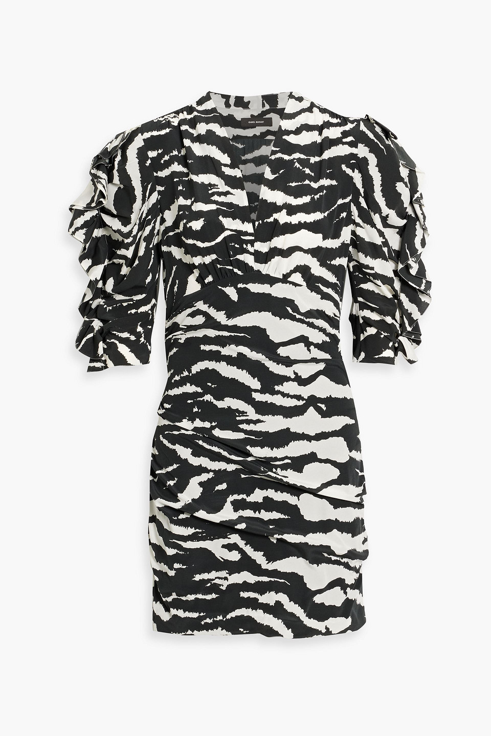 Isabel Marant Farah Ruched Zebra-print Silk-blend Crepe De Chine Mini Dress In Schwarz