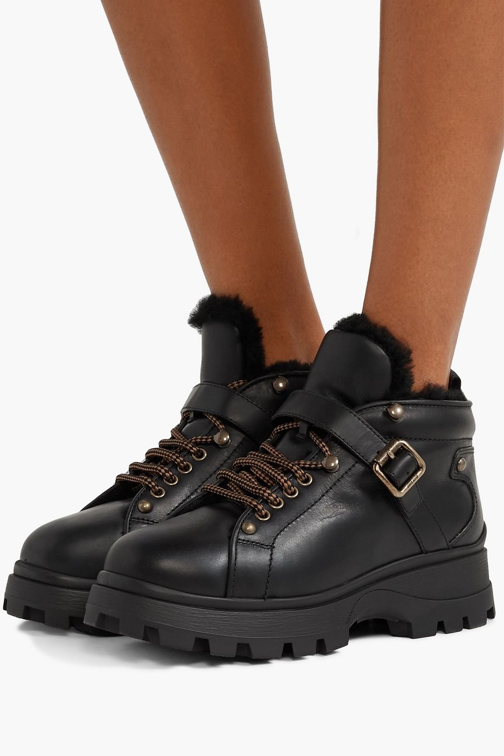MIU MIU Shearling-trimmed leather ankle boots
