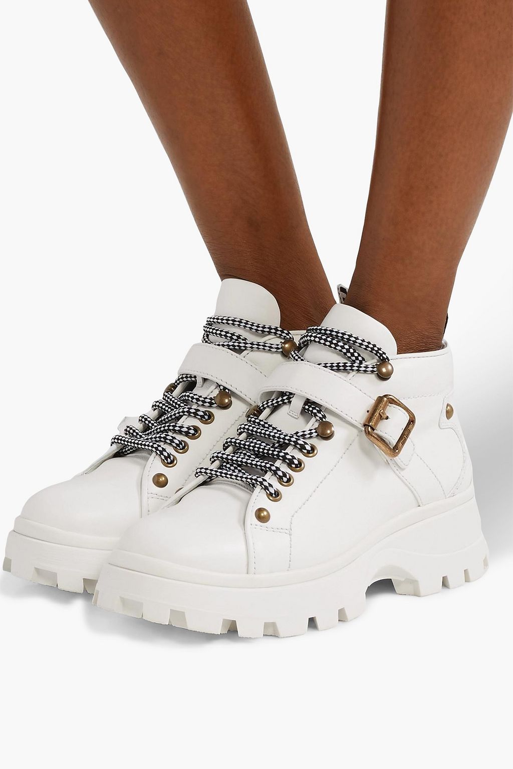 MIU MIU Buckled lace-up leather ankle boots
