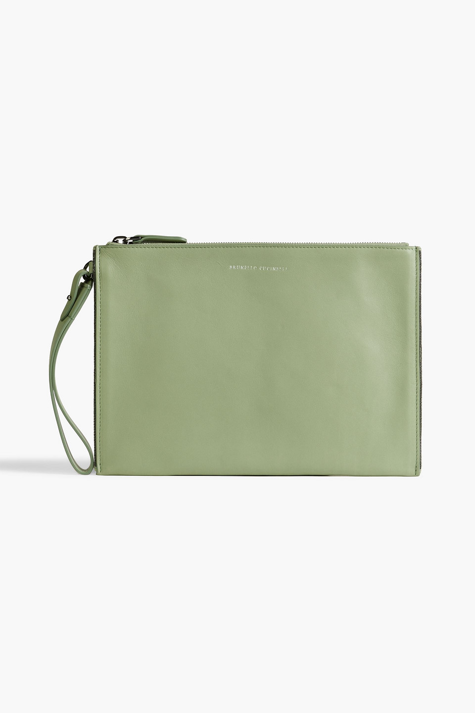 Brunello Cucinelli Bead-embellished Leather Pouch In Sage Green