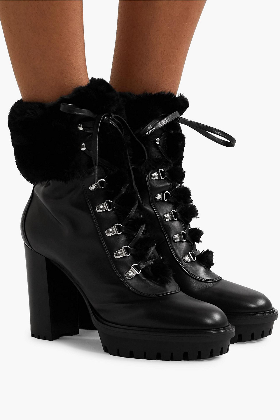 Gianvito Rossi 100 Faux Fur-trimmed Leather Platform Ankle Boots In Black