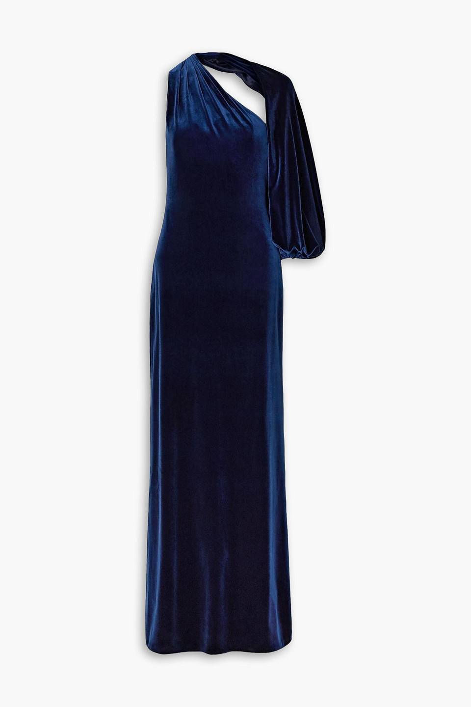 Monique Lhuillier One-sleeve Draped Velvet Gown In Navy