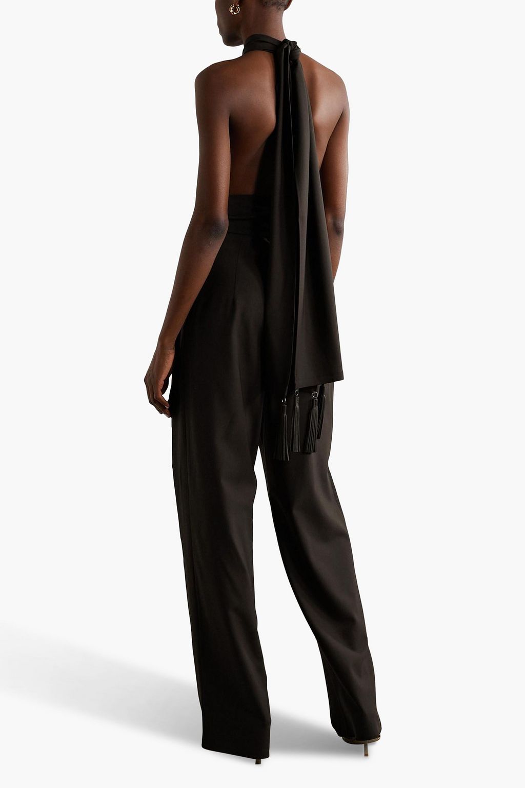 FERRAGAMO Fringed wool-twill halterneck jumpsuit
