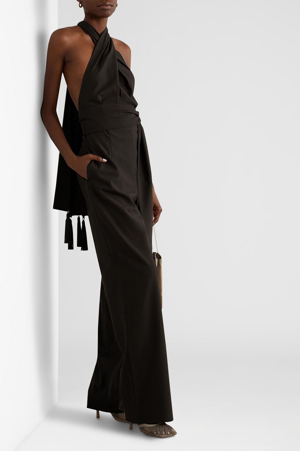 FERRAGAMO Fringed wool-twill halterneck jumpsuit