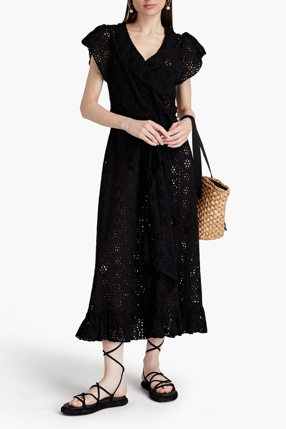 Shop Melissa Odabash Brianna Ruffled Broderie Anglaise Cotton Kaftan In Black