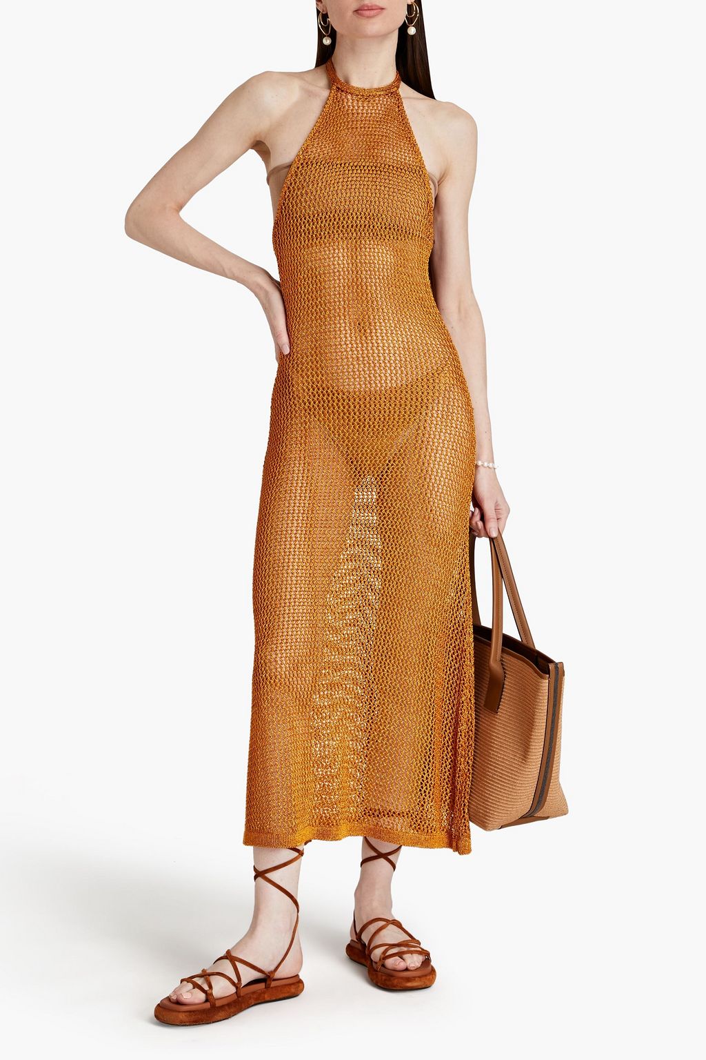 CULT GAIA Aili metallic crochet-knit halterneck midi dress