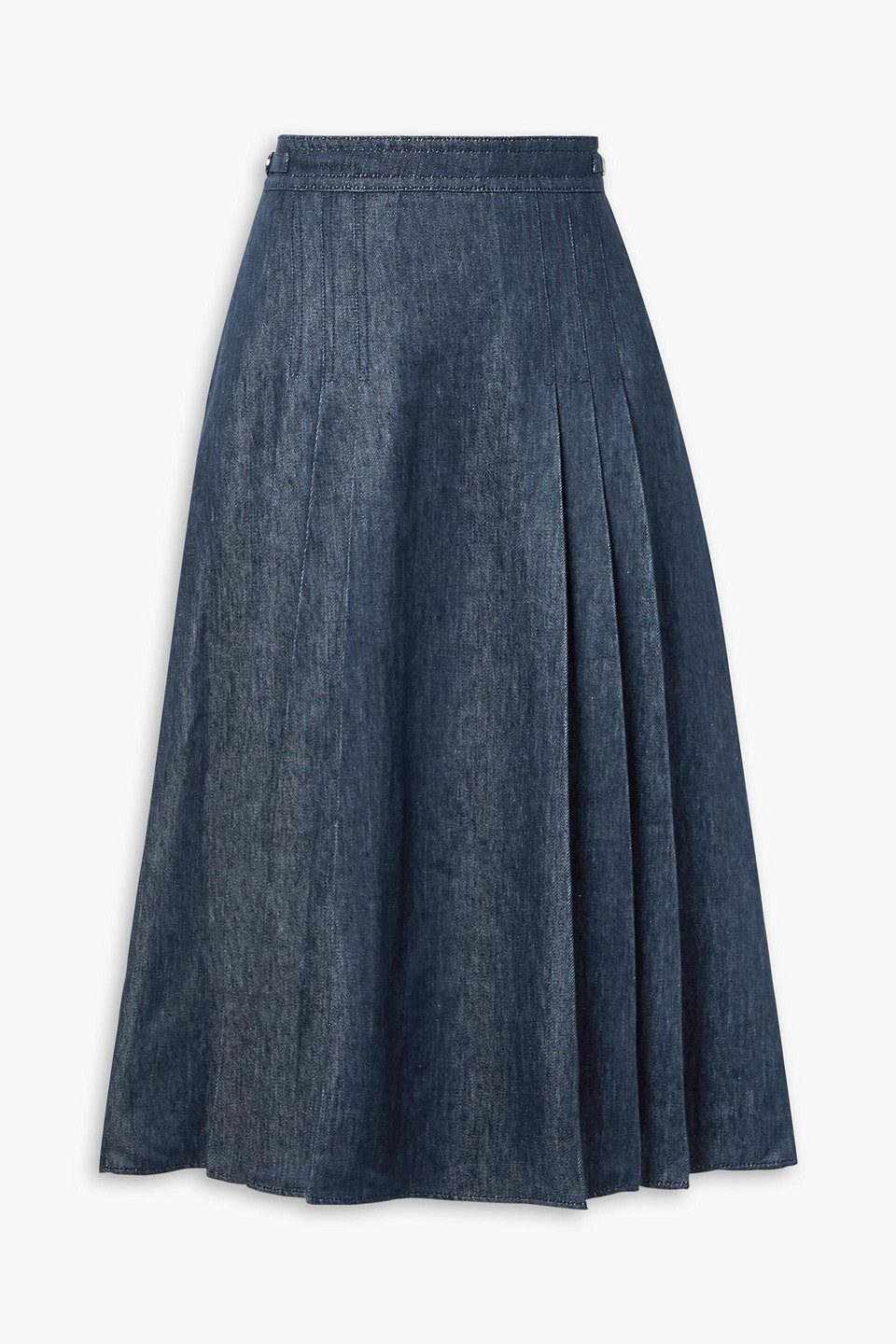 Shop Gabriela Hearst Lerna Pleated Linen-chambray Midi Skirt In Dark Denim