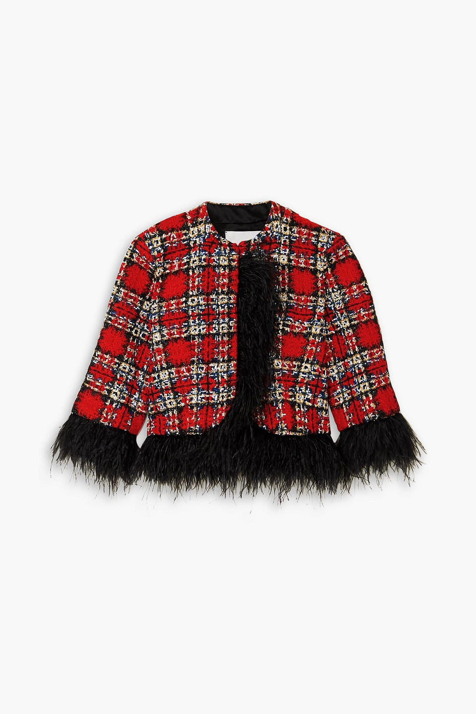HALPERN CROPPED FEATHER-TRIMMED CHECKED TWEED JACKET,3074457345634859138