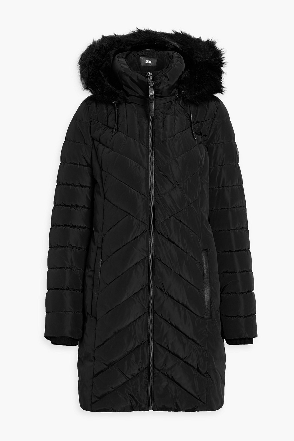 Faux fur-trimmed quilted shell hooded coat