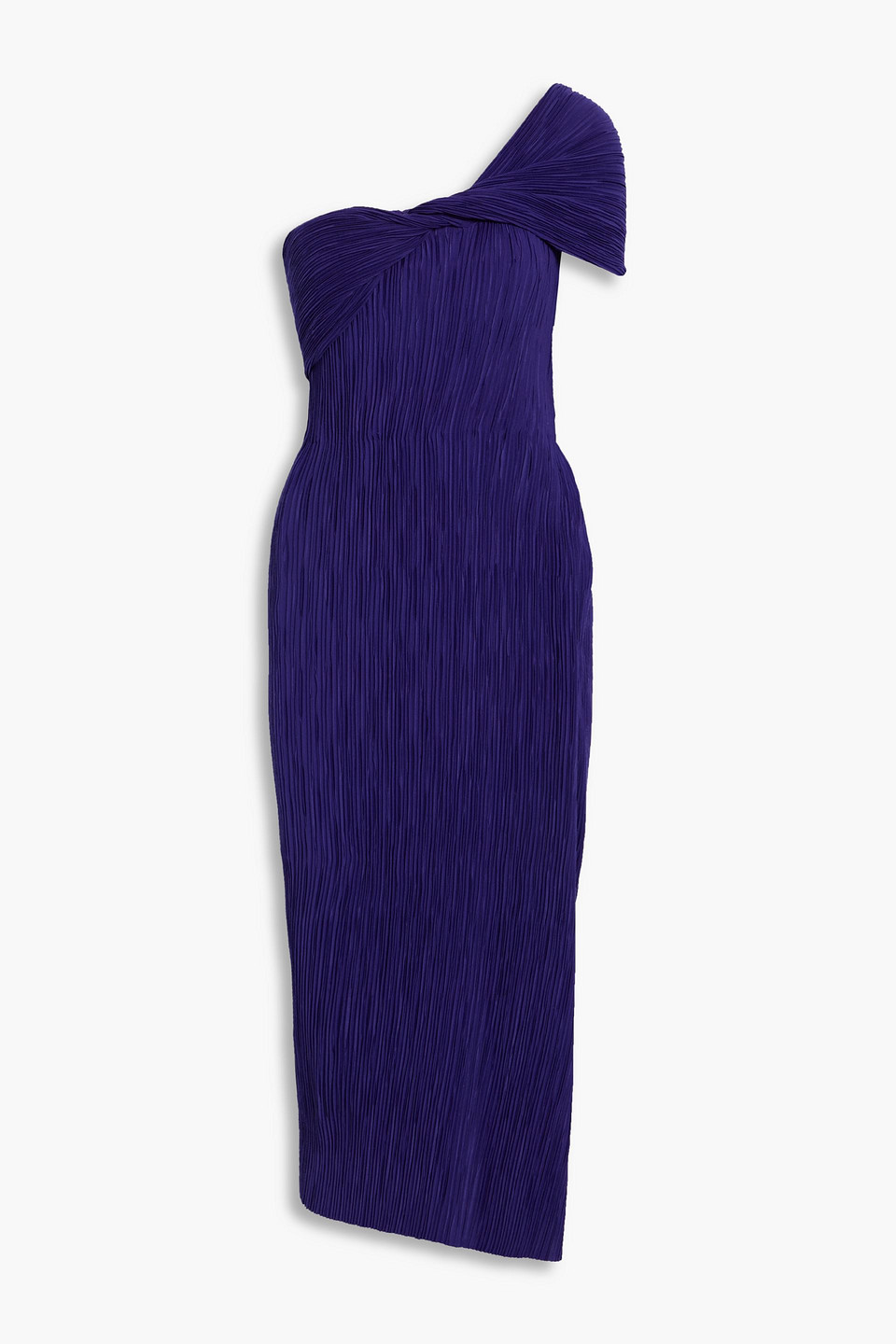 Off-the-shoulder plissé-crepe midi dress