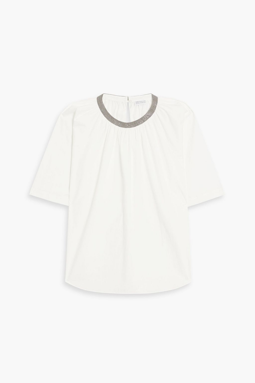 Gathered bead-embellished cotton-poplin top