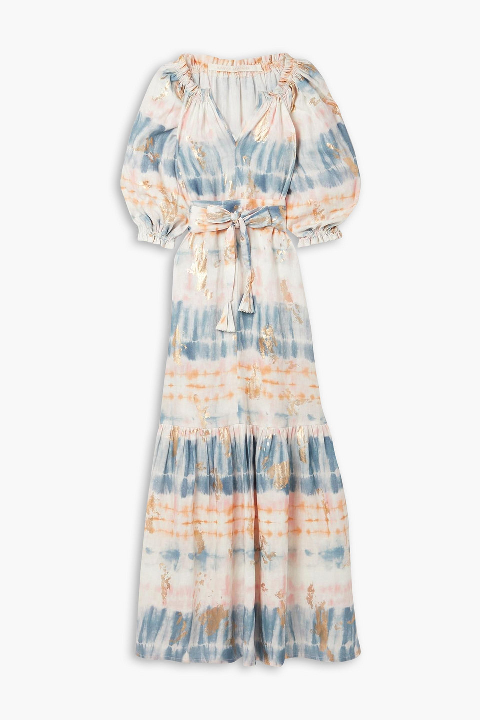 Anna Mason Belted Metallic Tie-dyed Linen Maxi Dress In Peach