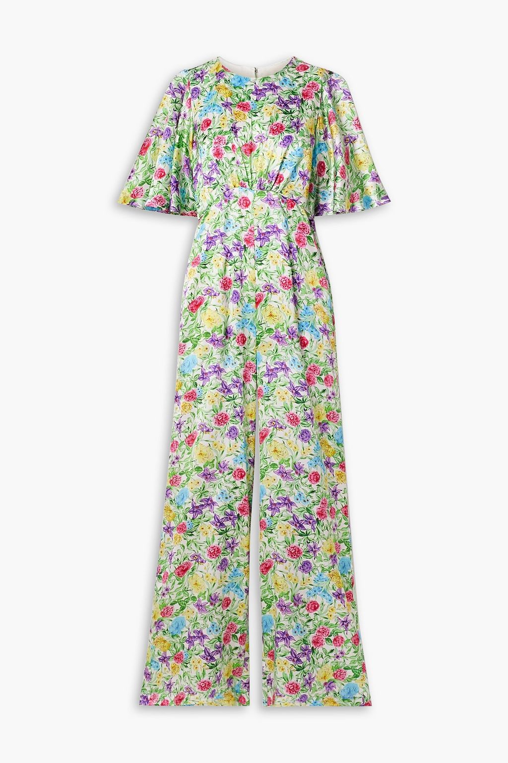 Floral print silk satin wide leg jumpsuit