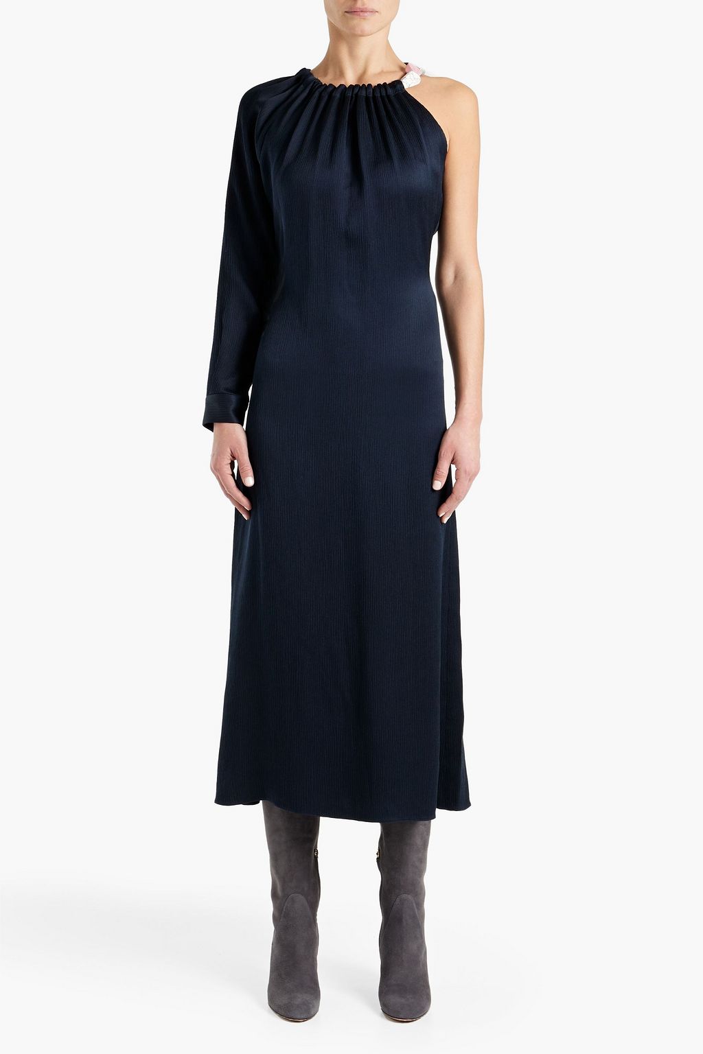 GABRIELA HEARST Simpson one-sleeve embellished plissé silk-satin midi dress