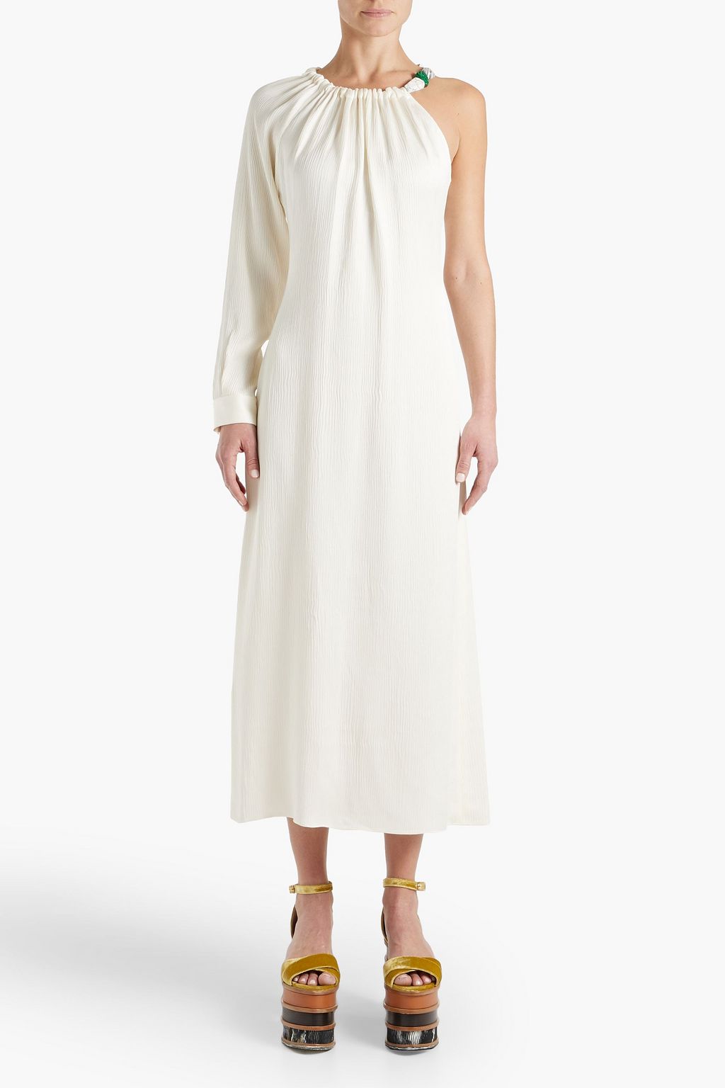 GABRIELA HEARST Simpson one-sleeve embellished plissé silk-satin midi dress