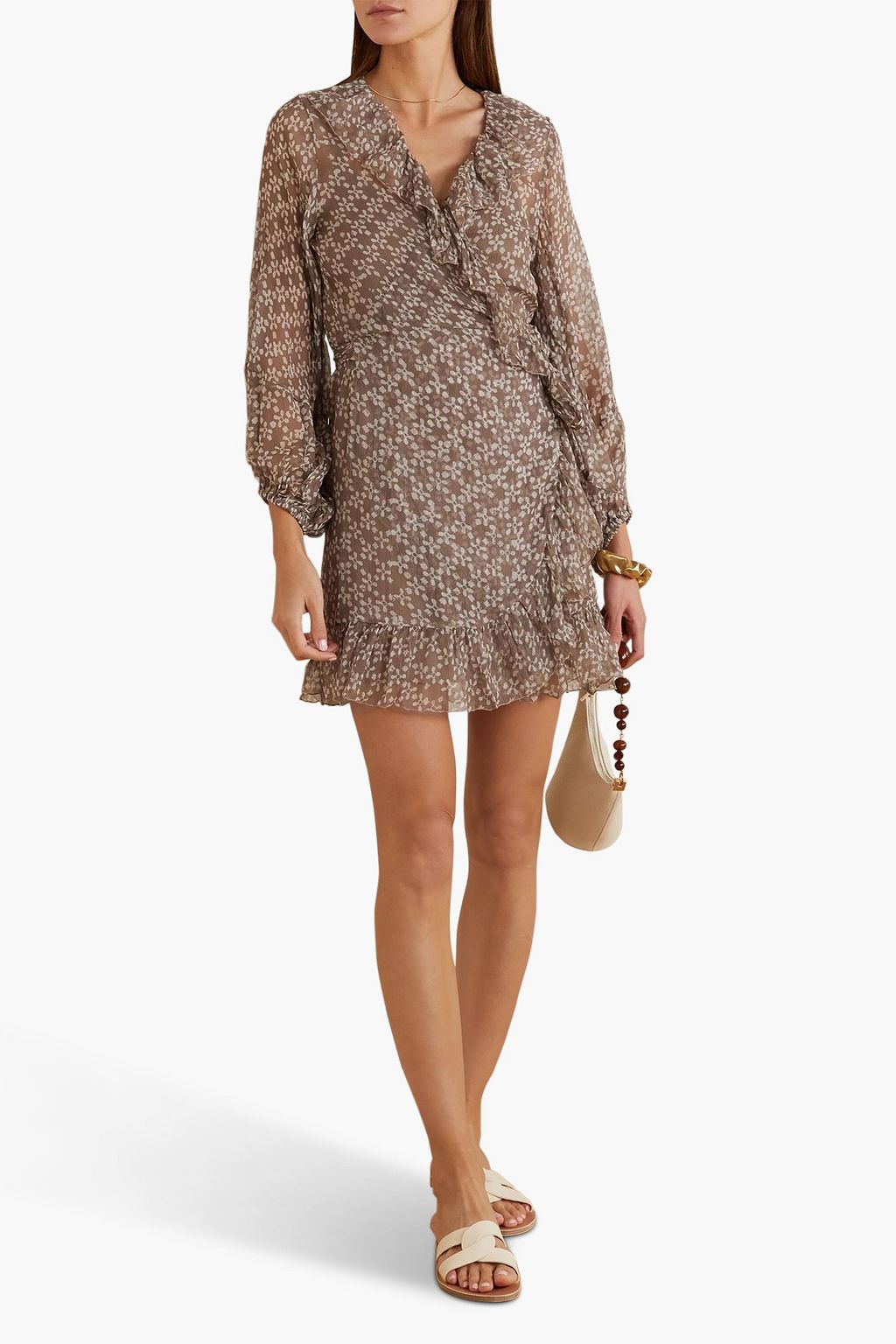 CLOE CASSANDRO シルククレポン ミニラップドレス ラッフル付き フローラルプリント