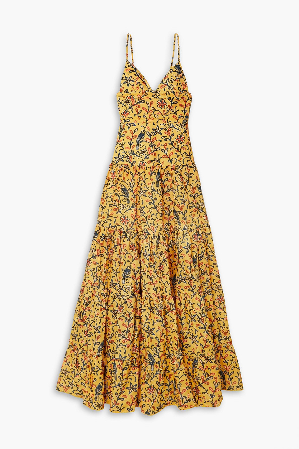 Agua By Agua Bendita Narciso Tiered Printed Linen Maxi Dress In Saffron