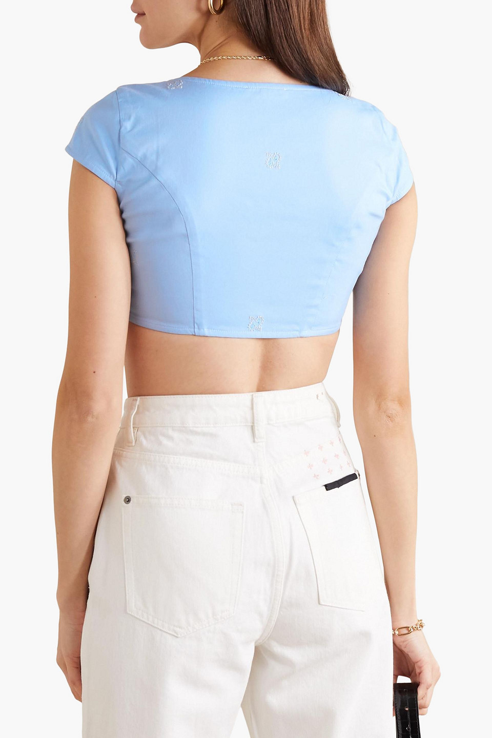 Shop Miaou Jane Cropped Embroidered Cotton-blend Top In Light Blue