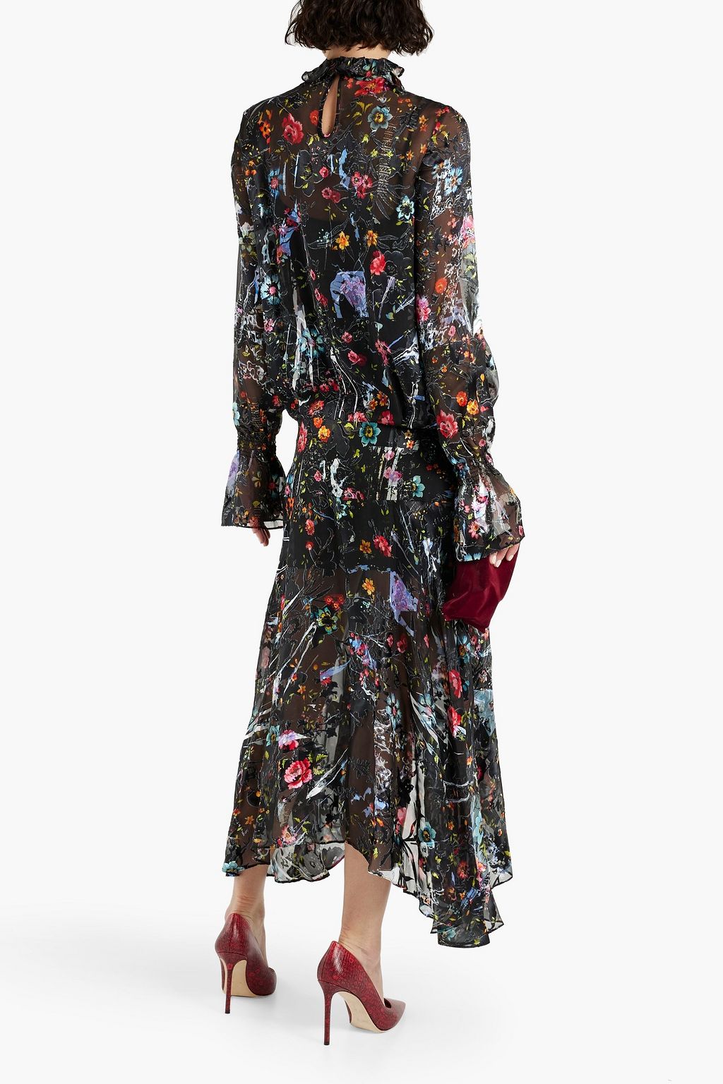 PREEN BY THORNTON BREGAZZI فستان من الشيفون بنمط ديفوريه بتصميم غير متماثل مزين بطبعات على شكل زهور