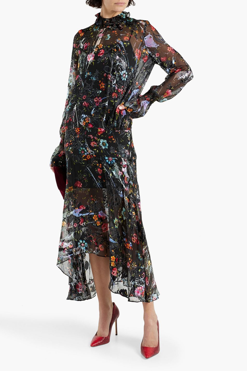 PREEN BY THORNTON BREGAZZI فستان من الشيفون بنمط ديفوريه بتصميم غير متماثل مزين بطبعات على شكل زهور