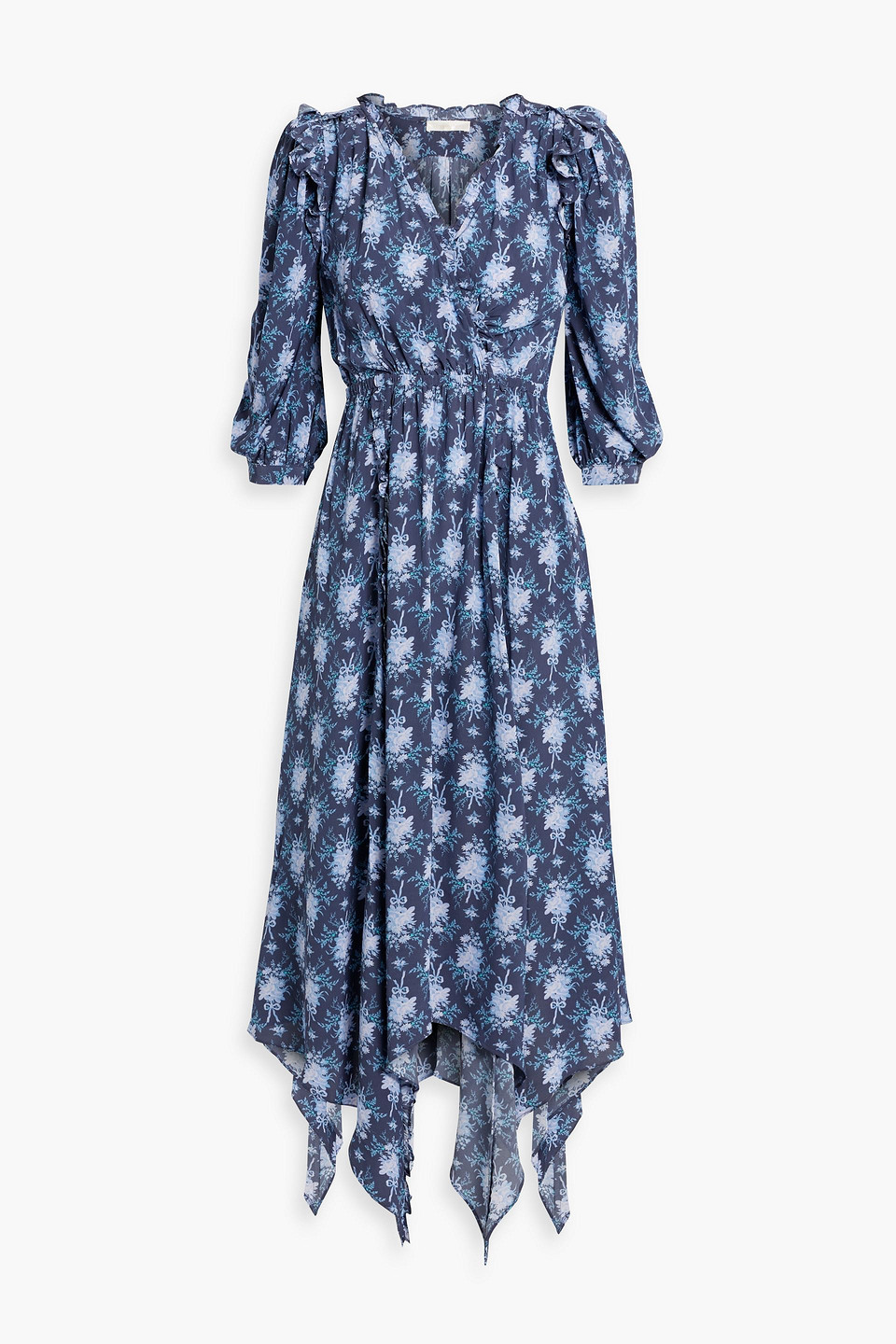 Loveshackfancy Milton Wrap-effect Ruffled Printed Crepe Dress In Indigo