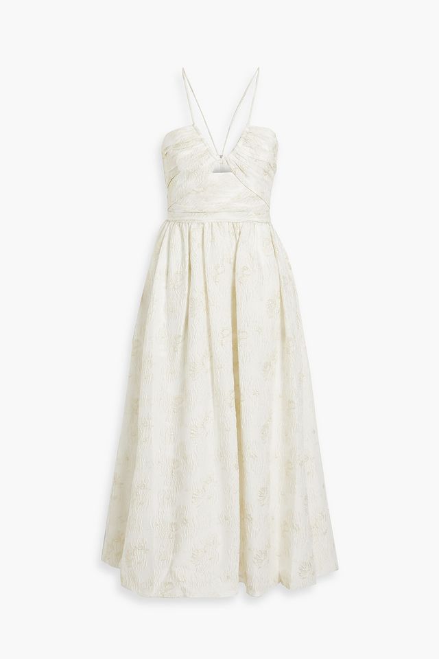 Ruched metallic cloqué-jacquard midi dress