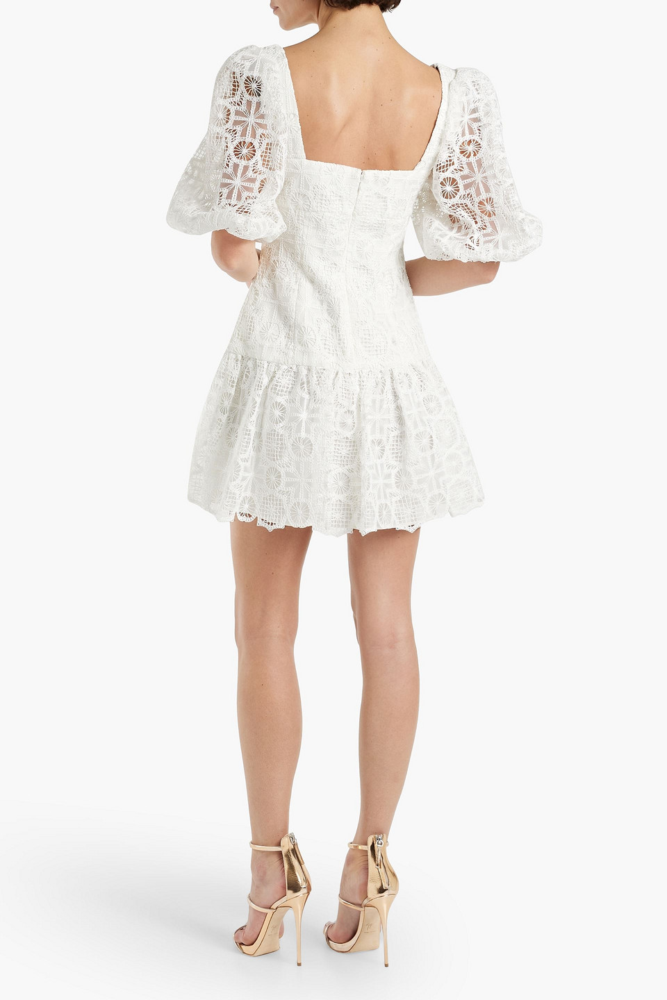 Shop ml Monique Lhuillier Gathered Macramé Mini Dress In Off-white