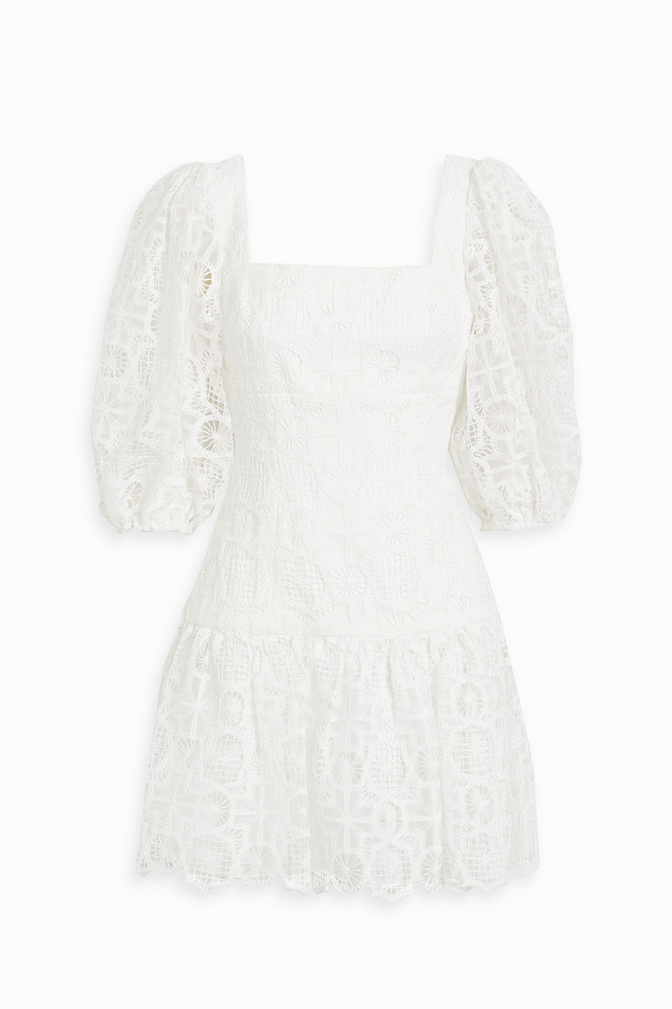 Shop ml Monique Lhuillier Gathered Macramé Mini Dress In Off-white